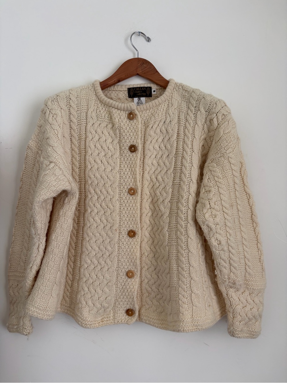 Vintage Callan Knitwear Irish Wool Aran Cable Knit Cardigan Sweater Cream M